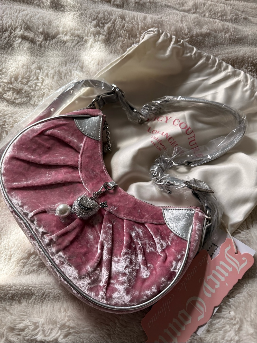 Juicy Couture Dusty Pink Velvet Crescent Shoulder Bag w/ Silver Trim + Dust Bag